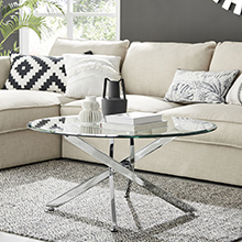 round glass coffee table with nested starburst silver chrome metal legs