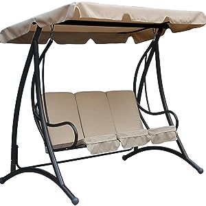 Charles Bentley 3 Seater Outdoor Swing Seat Bench Chair with Beige Canopy - Curved Design Relaxing