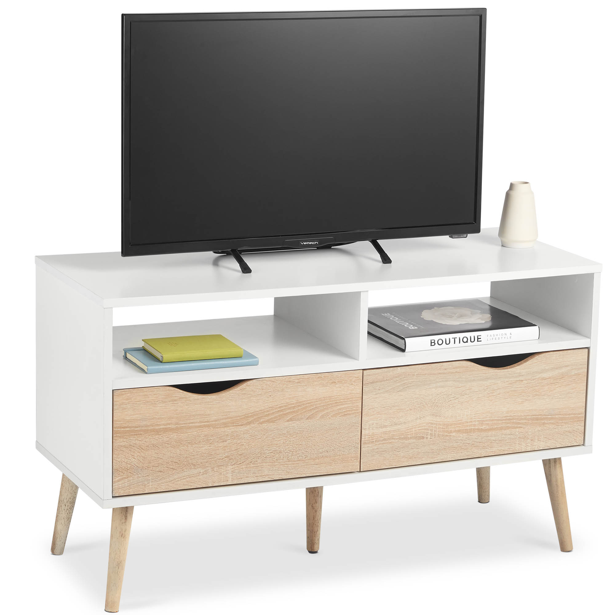 VonHaus TV Unit with 2 Drawers and 2 Shelves Scandinavian Nordic Style - White and Light Oak Effect Media Unit