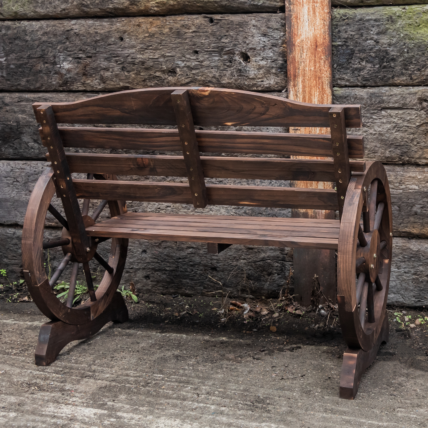 Woodside 2 Seater Wheel Bench, Outdoor Garden Patio Furniture Burnt Stained Wood